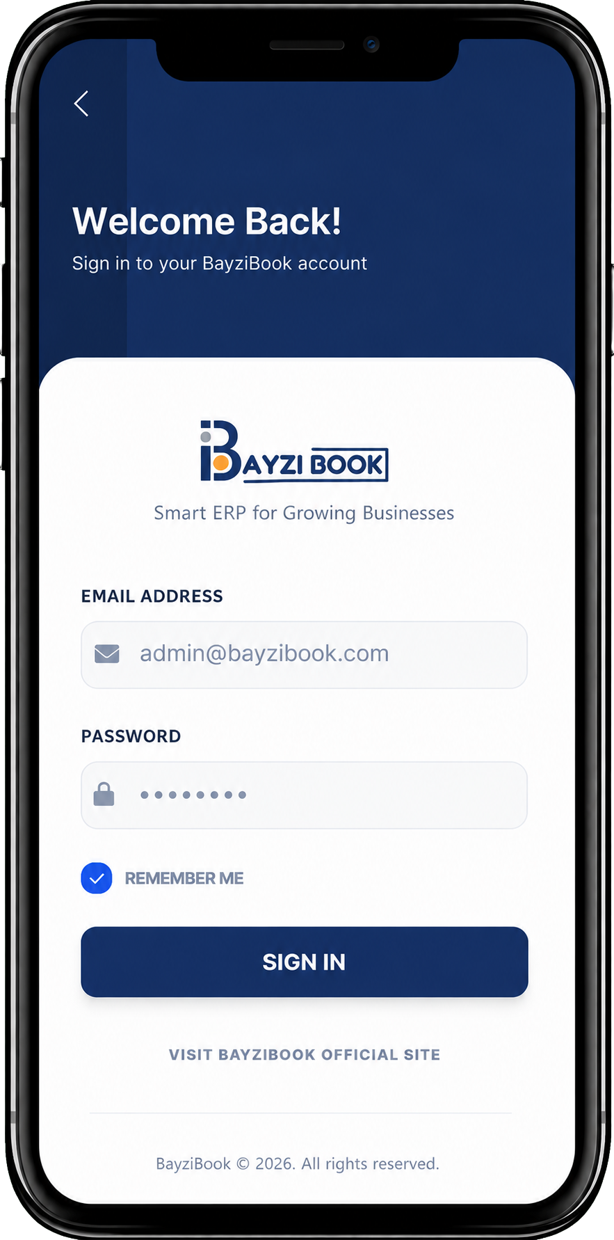 BayziBook cloud ERP dashboard on mobile app