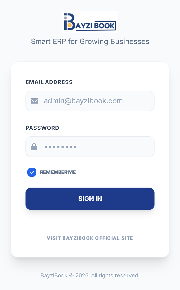 BayziBook ERP login screen