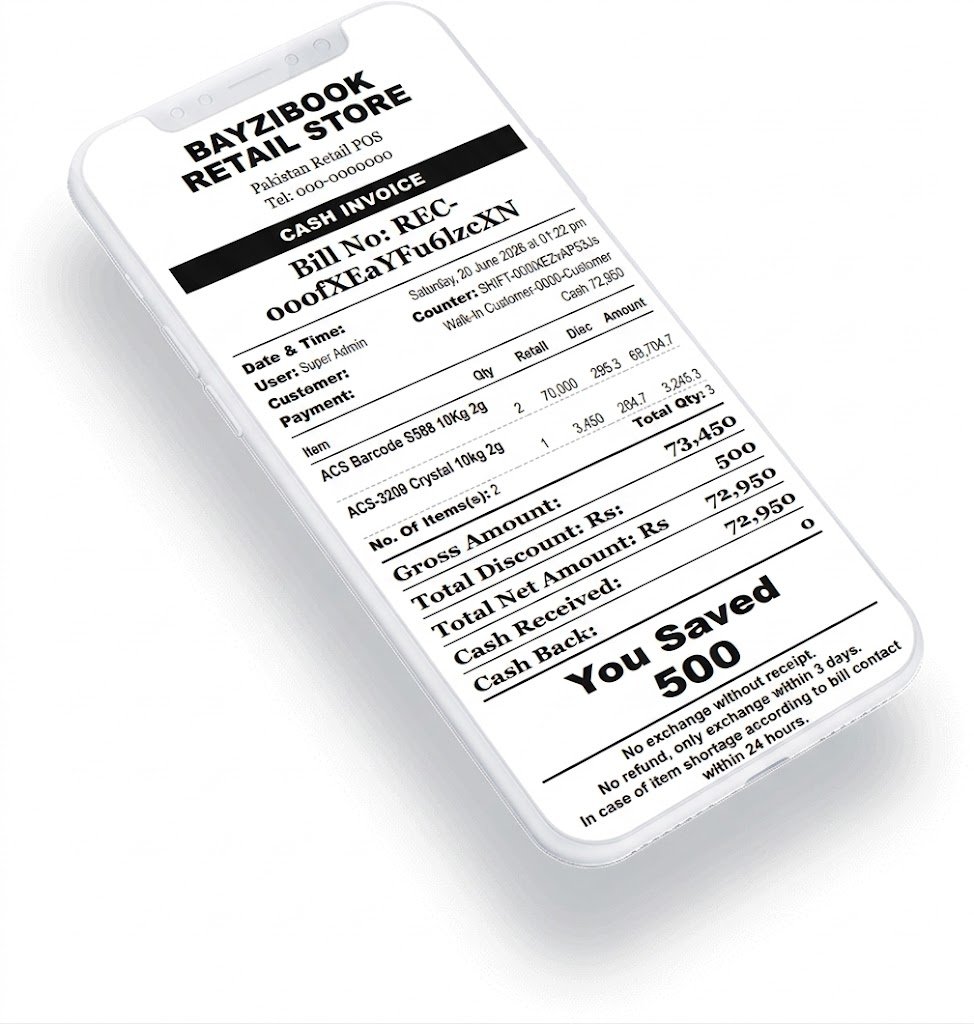 BayziBook POS receipt preview